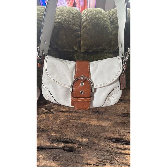 Vintage Coach Mini Soho Shoulder Bag – Cream Jacquard & Cognac Leather Trim - Picture 1 of 4